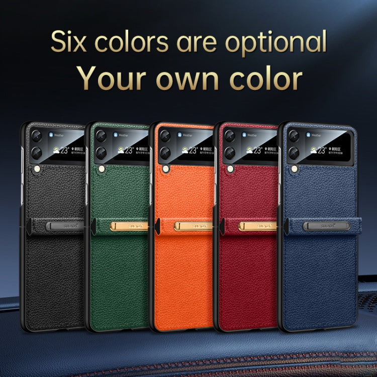 SULADA Black Leather Back Cover Phone Case for Samsung Galaxy Z Flip4 with Invisible Bracket