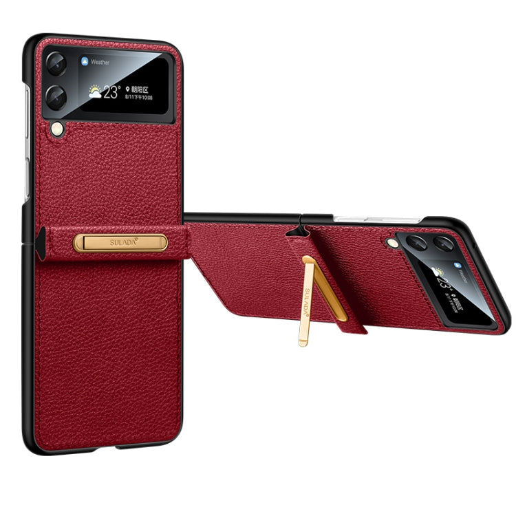 SULADA Red Leather Back Cover Phone Case for Samsung Galaxy Z Flip3 5G with Invisible Bracket