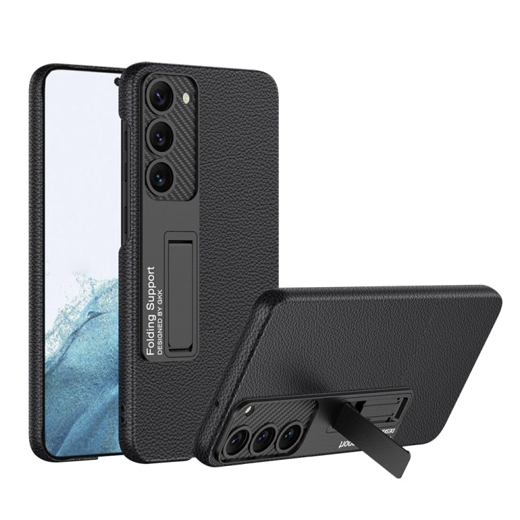Samsung Galaxy S23 5G GKK Plain Leather Shockproof Phone Case with Holder in Classic Black