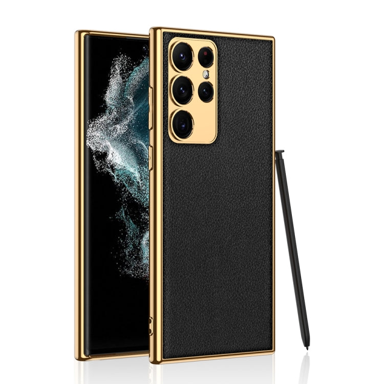 GKK Plating TPU + Leather Full Coverage Phone Case for Samsung Galaxy S23 Ultra 5G (Black)