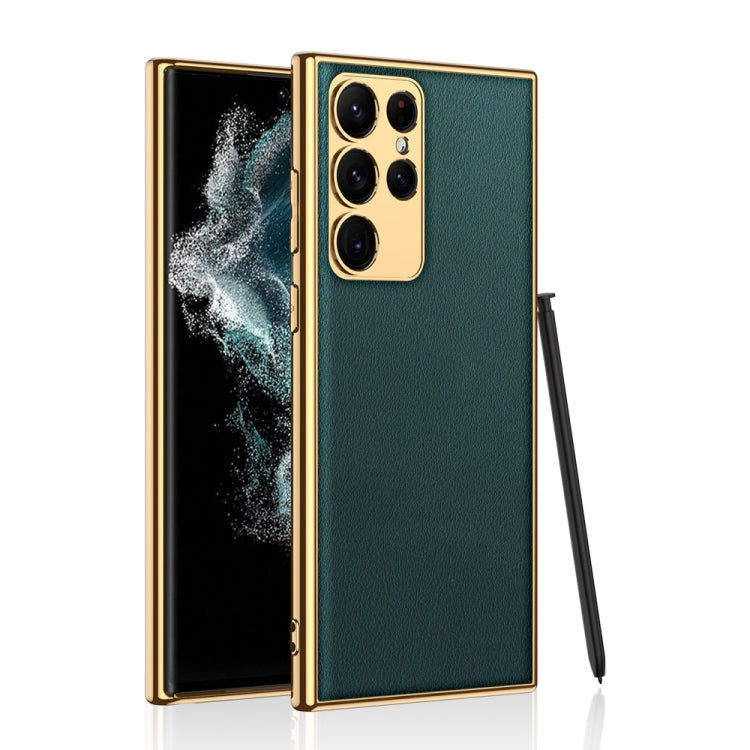 Samsung Galaxy S23 Ultra 5G GKK Plating TPU + Leather Full Coverage Phone Case - Forest Green