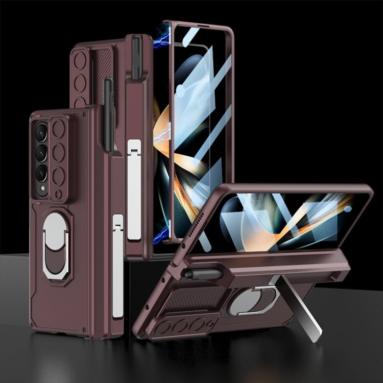 GKK Integrated Magnetic Folding Phone Case for Samsung Galaxy Z Fold4 with Pen Case (Wine Red)