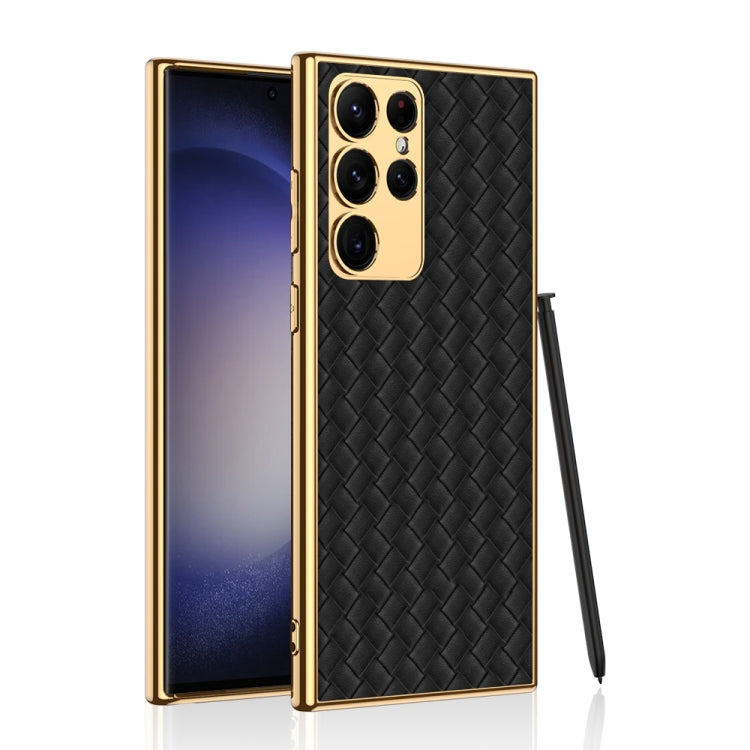 GKK Weave Texture Electroplating PU Protective Phone Case for Samsung Galaxy S23 Ultra 5G (Black)