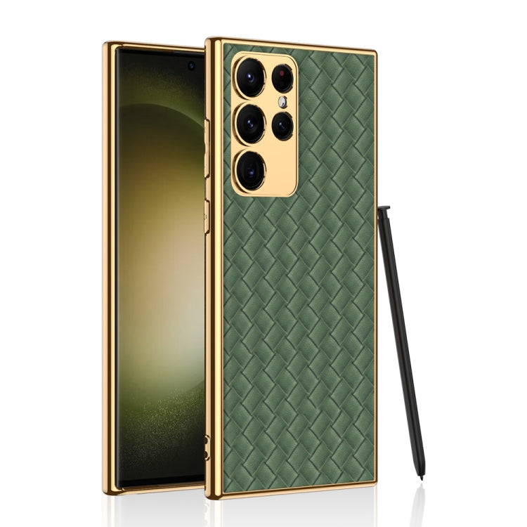 Samsung Galaxy S23 Ultra 5G GKK Weave Texture Electroplating PU Protective Phone Case in Green