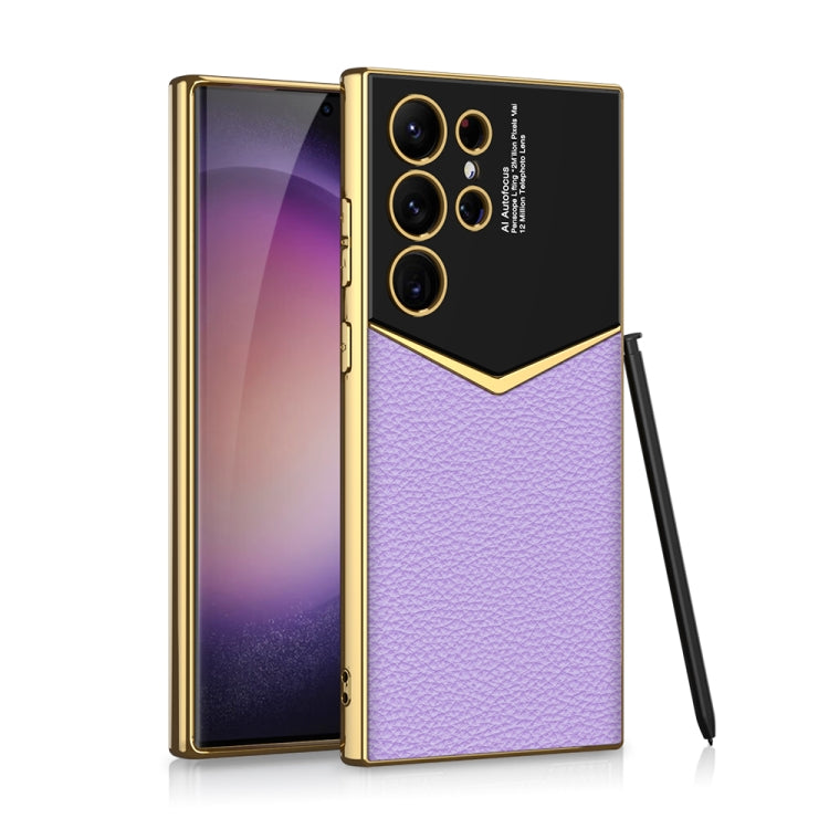 GKK Plating Soft TPU + Leather Full Coverage Phone Case with Pen for Samsung Galaxy S23 Ultra 5G (Purple)