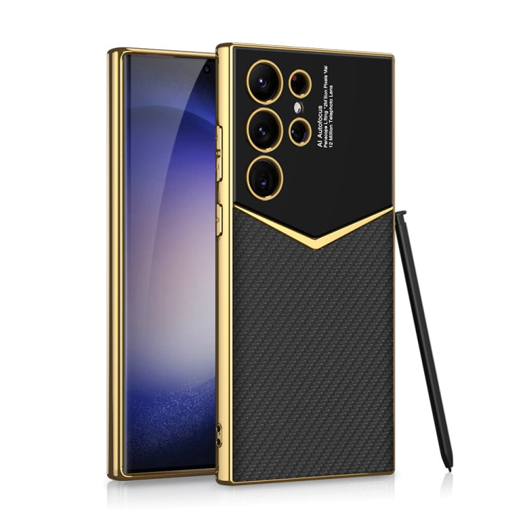 Samsung Galaxy S23 Ultra 5G GKK Plating Soft TPU + Leather Full Coverage Phone Case with Pen(Carbon Fibre)