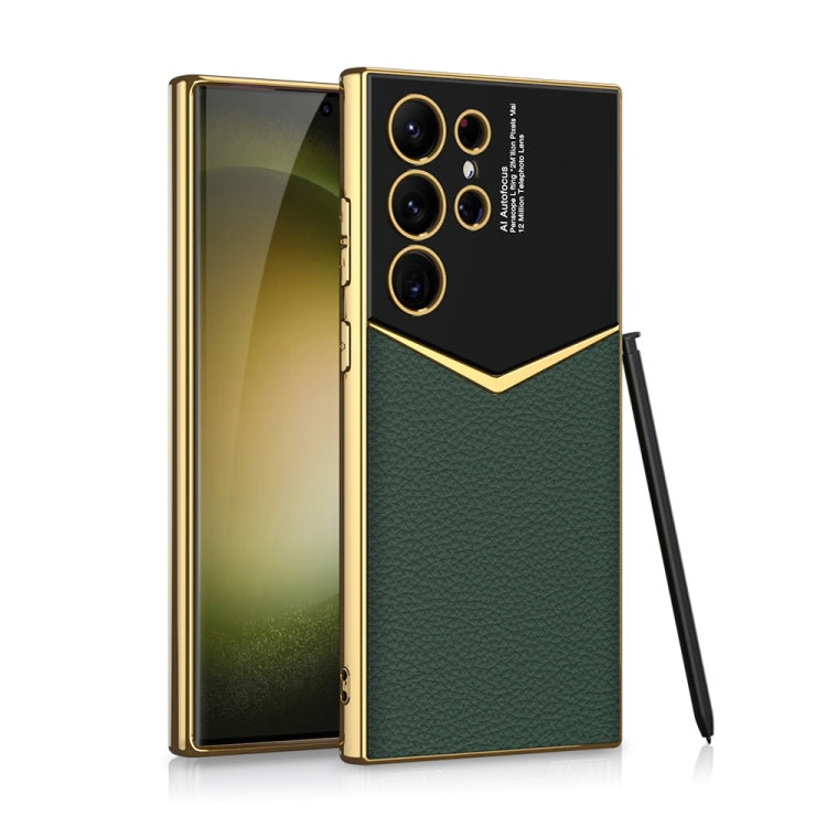 Samsung Galaxy S23 Ultra 5G GKK Plating Soft TPU + Leather Full Coverage Phone Case (Green) without Pen