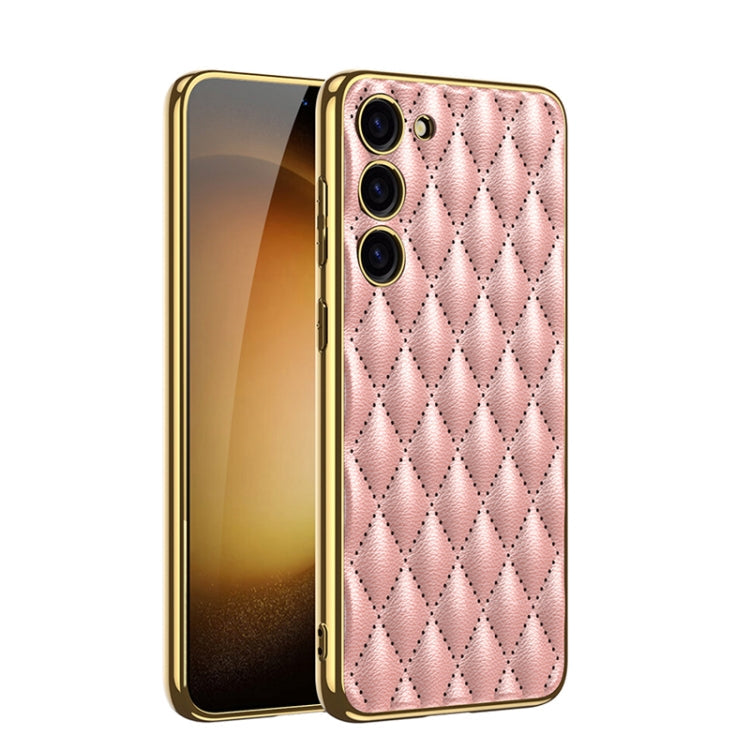 GKK Rhombus Pattern Electroplating Plain PU Phone Case for Samsung Galaxy S23 5G (Pink)