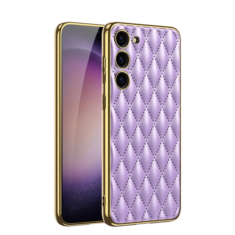 Stylish Purple GKK Rhombus Pattern Electroplating PU Phone Case for Samsung Galaxy S23+ 5G