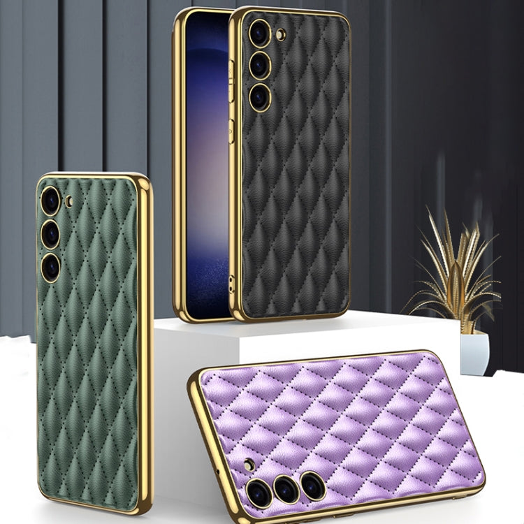 Stylish Purple GKK Rhombus Pattern Electroplating PU Phone Case for Samsung Galaxy S23+ 5G