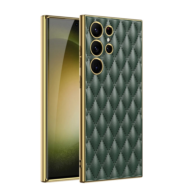 GKK Rhombus Pattern Electroplating Plain PU Phone Case for Samsung Galaxy S23 Ultra 5G (Green)