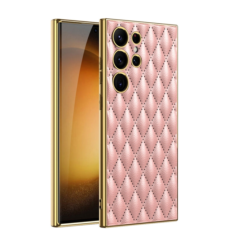 GKK Rhombus Pattern Electroplating Plain PU Phone Case for Samsung Galaxy S23 Ultra 5G (Pink)