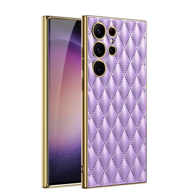 GKK Rhombus Pattern Electroplating Plain PU Phone Case for Samsung Galaxy S23 Ultra 5G (Purple)