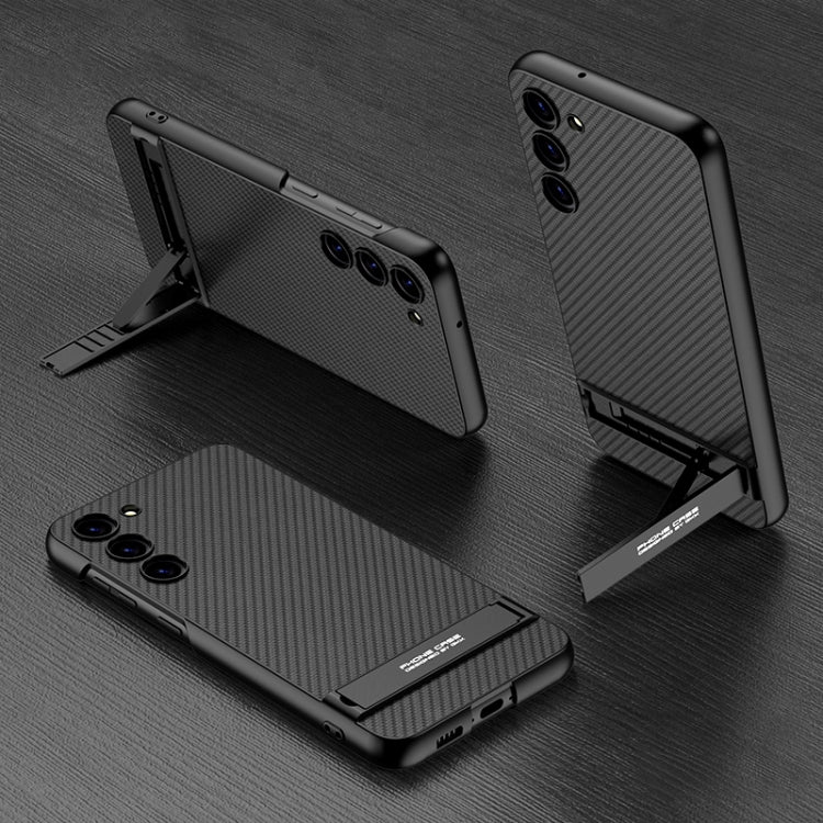 GKK Triumph Ultra-Thin Plain Leather Phone Case for Samsung Galaxy S23+ 5G with Holder (Carbon Fiber)
