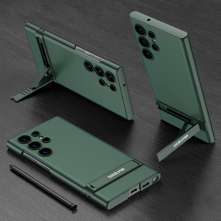 GKK Triumph Ultra-Thin Plain Leather Phone Case with Holder for Samsung Galaxy S23 Ultra 5G (Green)