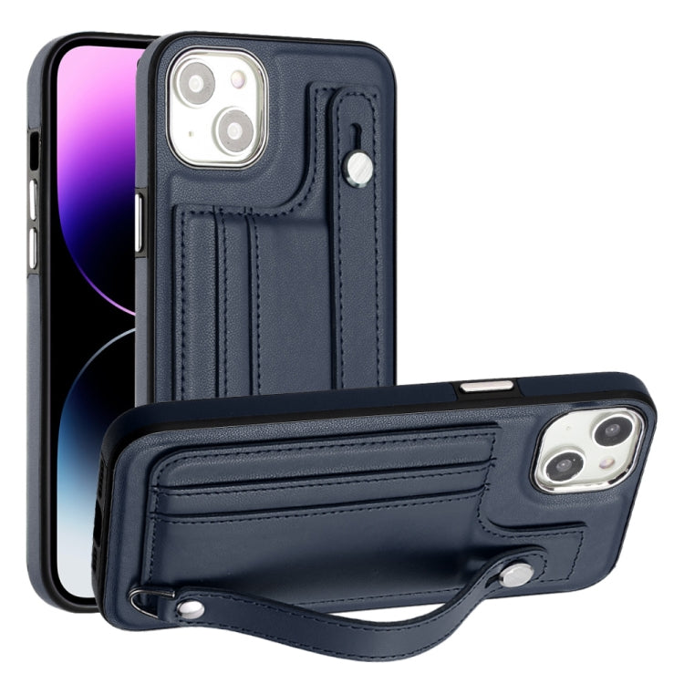 Shockproof Blue Leather Phone Case for iPhone 15 Plus with Wrist Strap