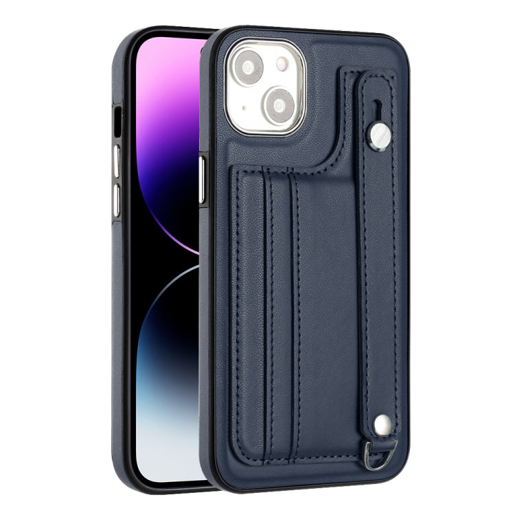 Shockproof Blue Leather Phone Case for iPhone 15 Plus with Wrist Strap