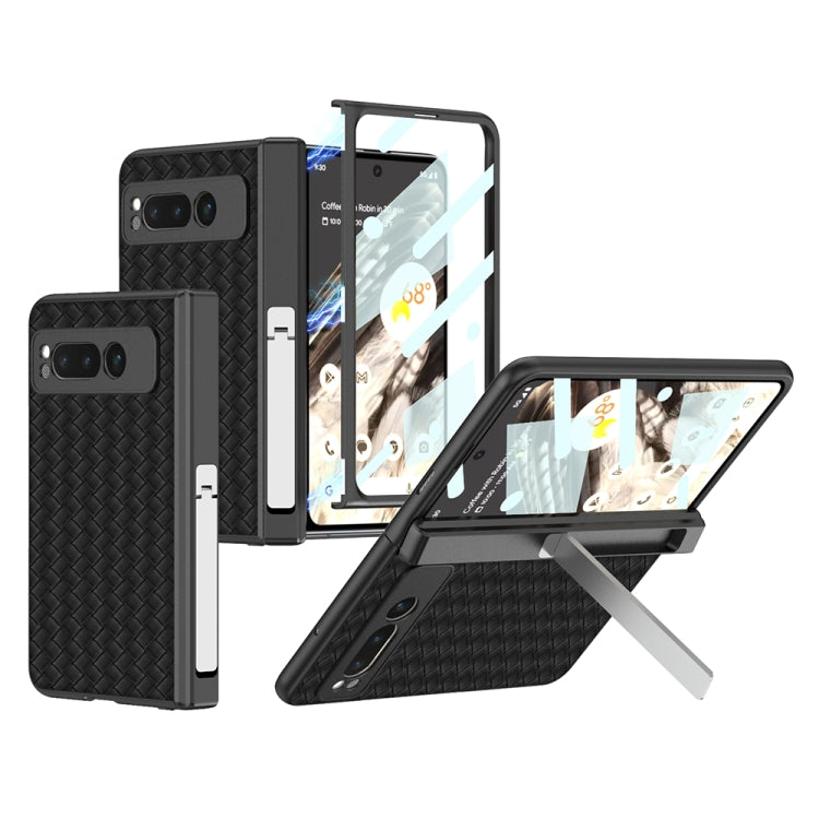 Integrated Woven Folding Hinge Leather Phone Case with Holder for Google Pixel Fold (Black)