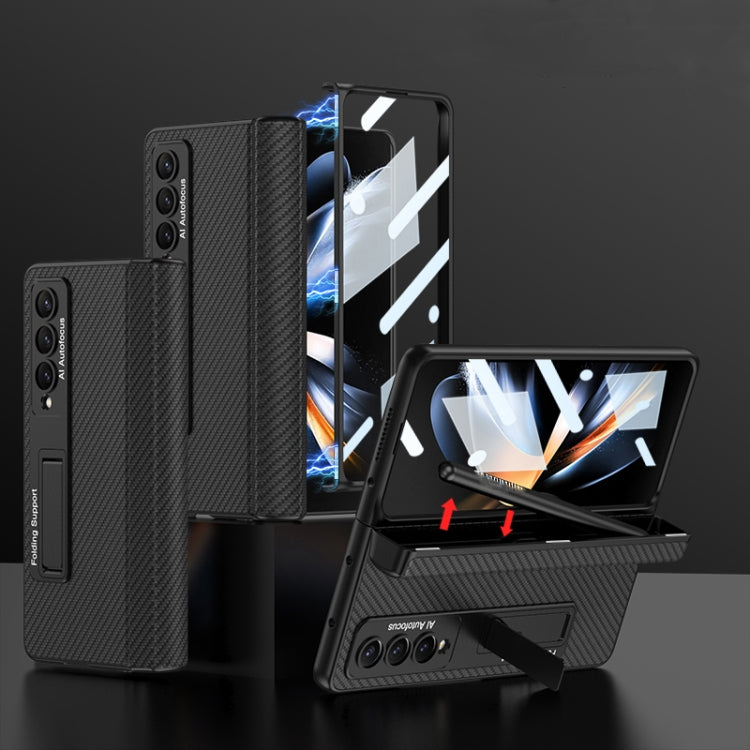 GKK Integrated Fold Hinge Leather Phone Case for Samsung Galaxy Z Fold4 with Holder (Carbon Fibre Black)