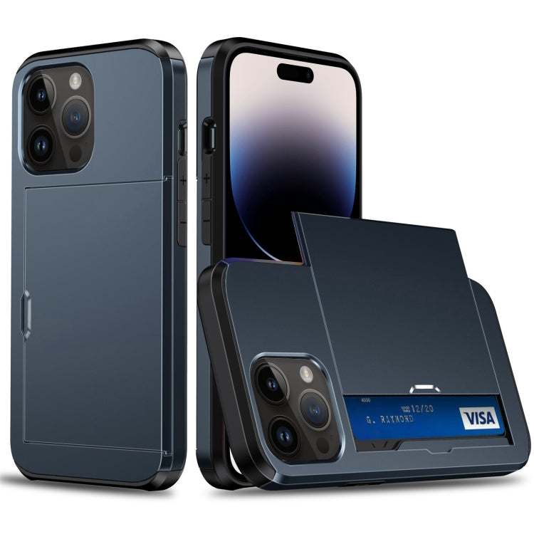 Armor Dark Blue iPhone 15 Pro Max Case with Slide Card Slot and 360-Degree Rotating Stand