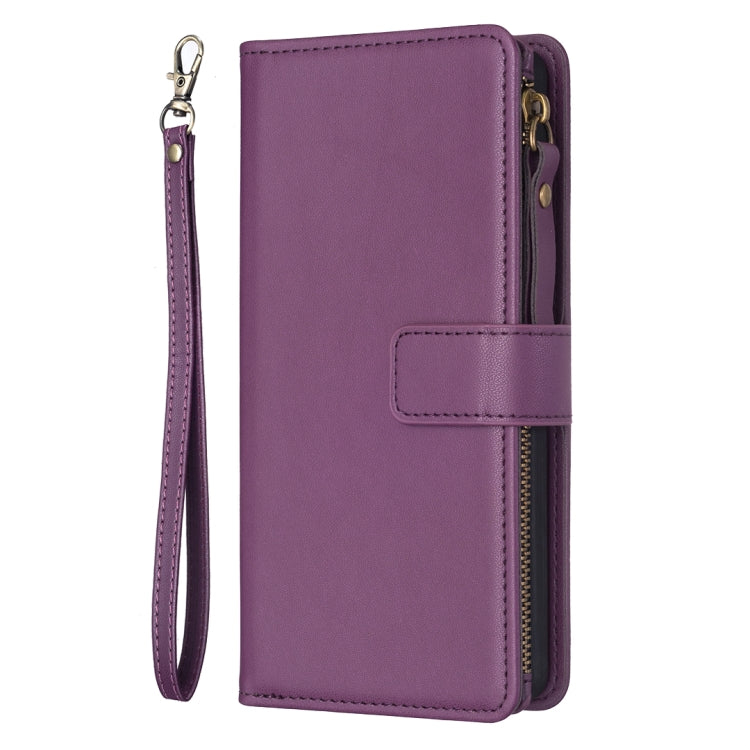 Dark Purple Zipper Wallet Leather Flip Phone Case for iPhone 14 Pro with 9 Card Slots