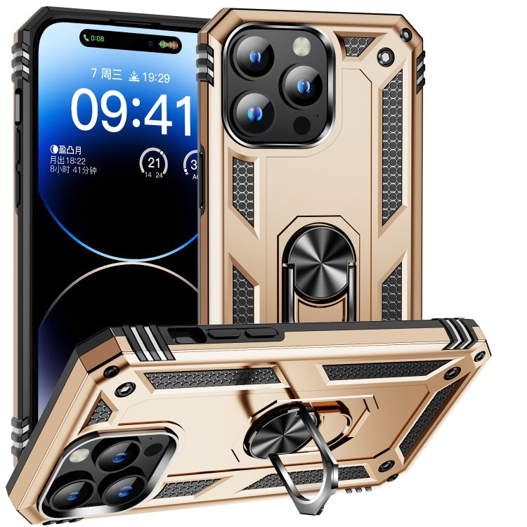 Shockproof Golden TPU + PC Phone Case with Rotating Holder for iPhone 15 Pro Max
