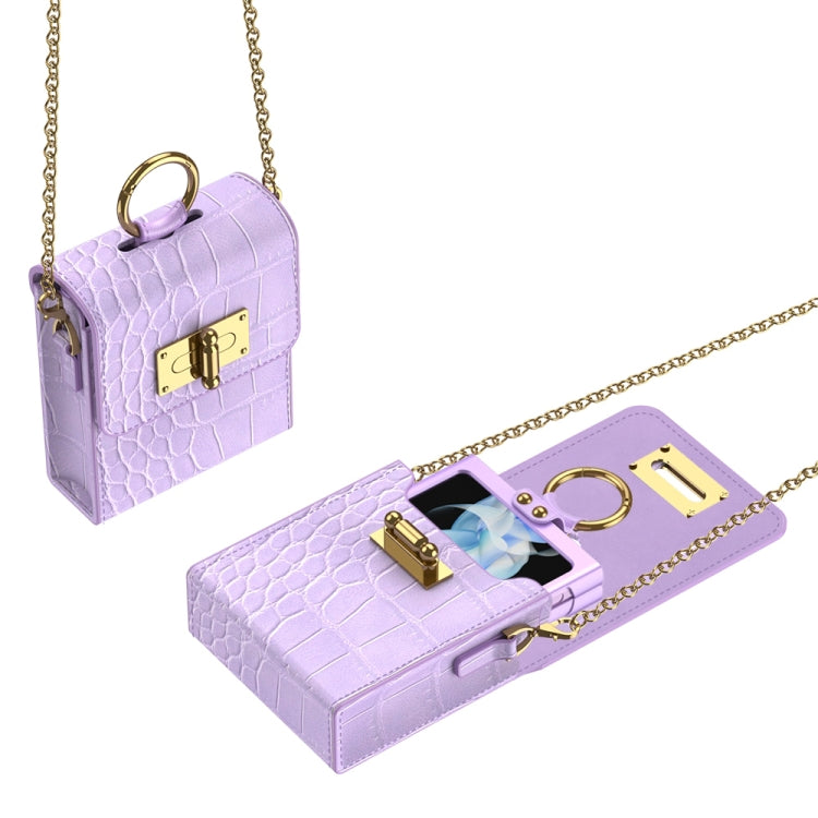 Crocodile Pattern Mini Backpack Slim Phone Case with Ring for Samsung Galaxy Z Flip5 (Purple)