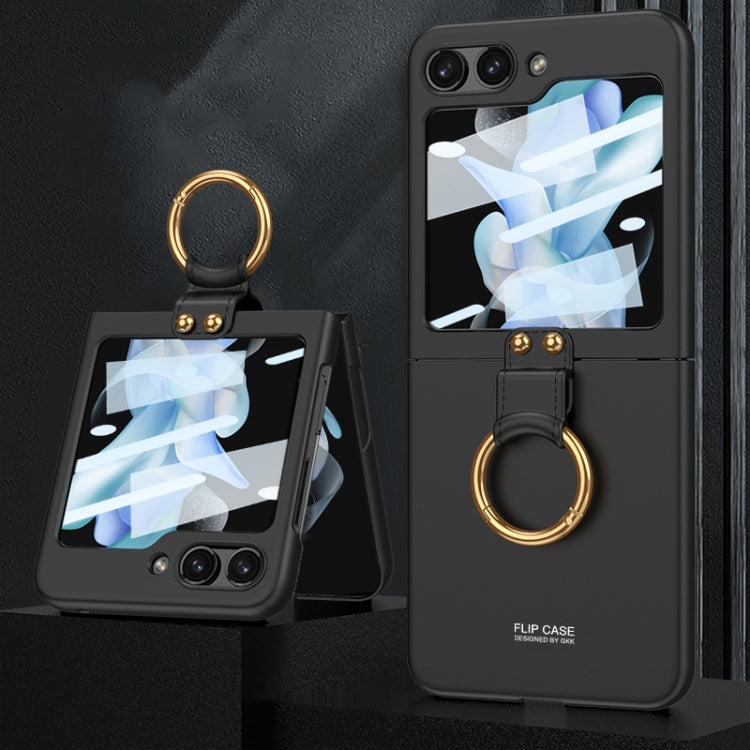Ultra-thin PC Full Coverage Phone Case for Samsung Galaxy Z Flip5 with Ring Holder and Tempered Film (Black)