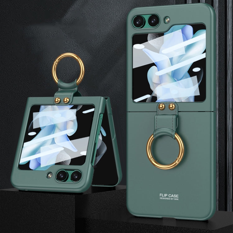 Samsung Galaxy Z Flip5 G Ultra-thin PC Full Coverage Phone Case with Ring Holder and Tempered Film (Dark Green)