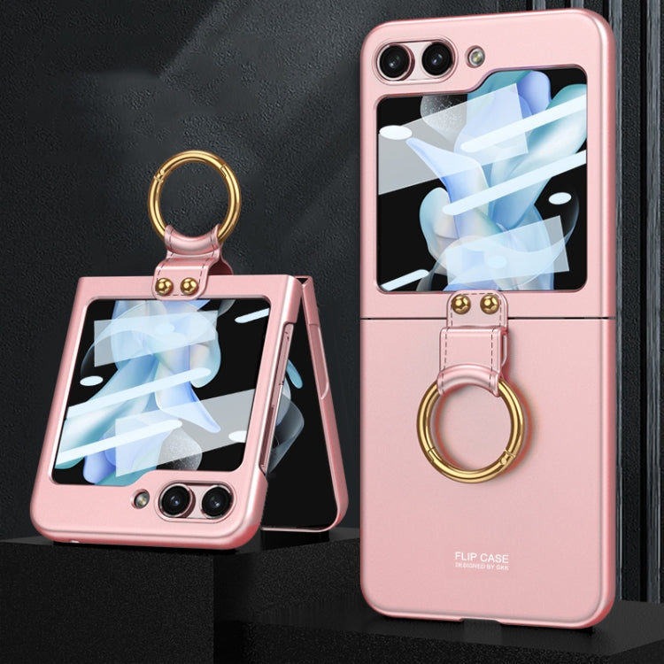 GKK Ultra-thin PC Full Coverage Phone Case for Samsung Galaxy Z Flip5 with Ring Holder / Tempered Film (Pink)