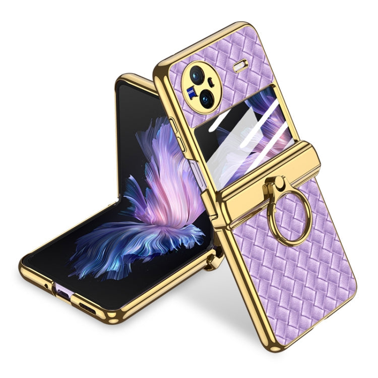 GKK Shaft Electroplated Plain Leather Woven Texture Phone Case with Ring for vivo X (Purple)