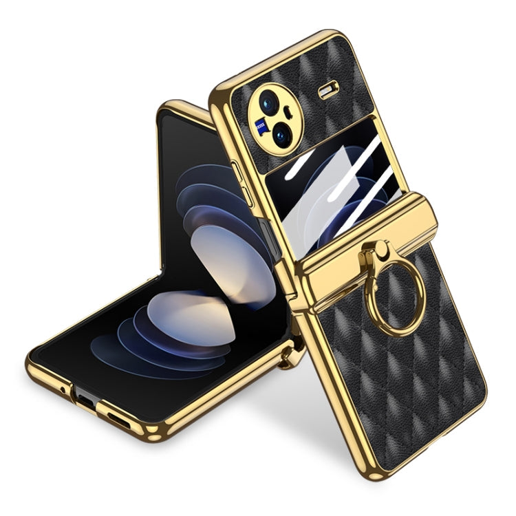 GKK Rhombus Pattern Electroplated Leather Phone Case with Ring for vivo X Flip (Black)