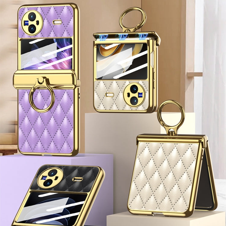 Purple Rhombus Pattern Electroplated Leather Phone Case with Ring for Vivo X