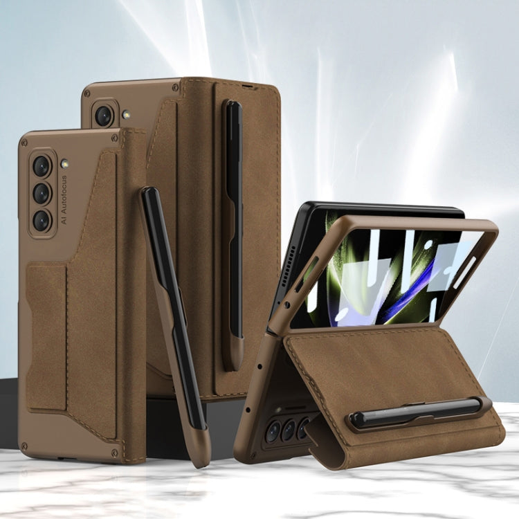 GKK Armor Flip Leather Phone Case for Samsung Galaxy Z Fold5 with Pen Slots (Brown)