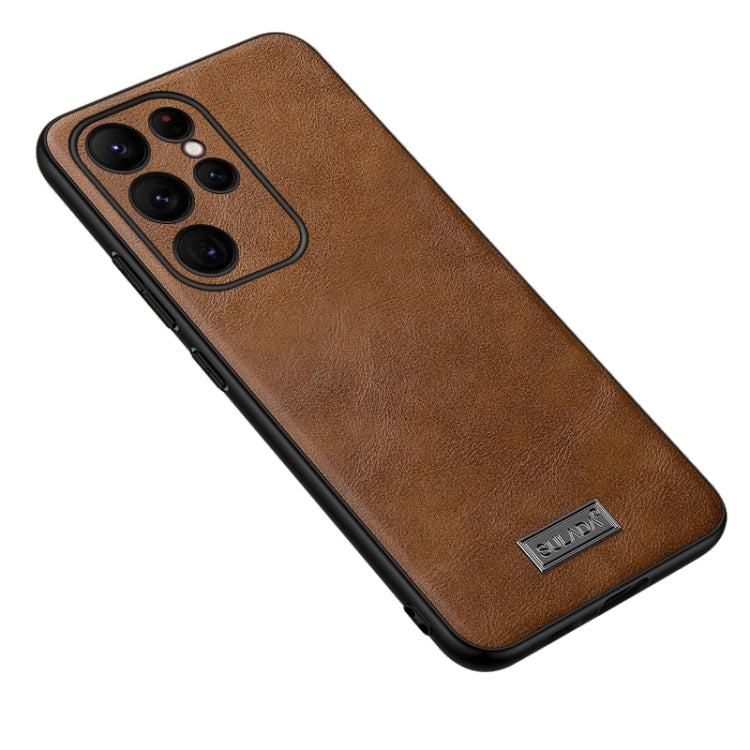 SULADA Shockproof TPU + Handmade Leather Phone Case for Samsung Galaxy S23 Ultra 5G (Brown)
