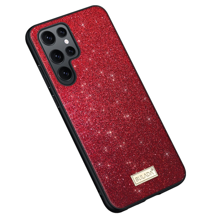 SULADA Glittery TPU + Handmade Leather Phone Case for Samsung Galaxy S23 Ultra 5G (Red)