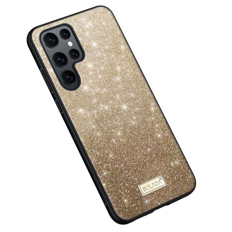 Glittery TPU and Handmade Leather Phone Case for Samsung Galaxy S23 Ultra 5G (Gold)