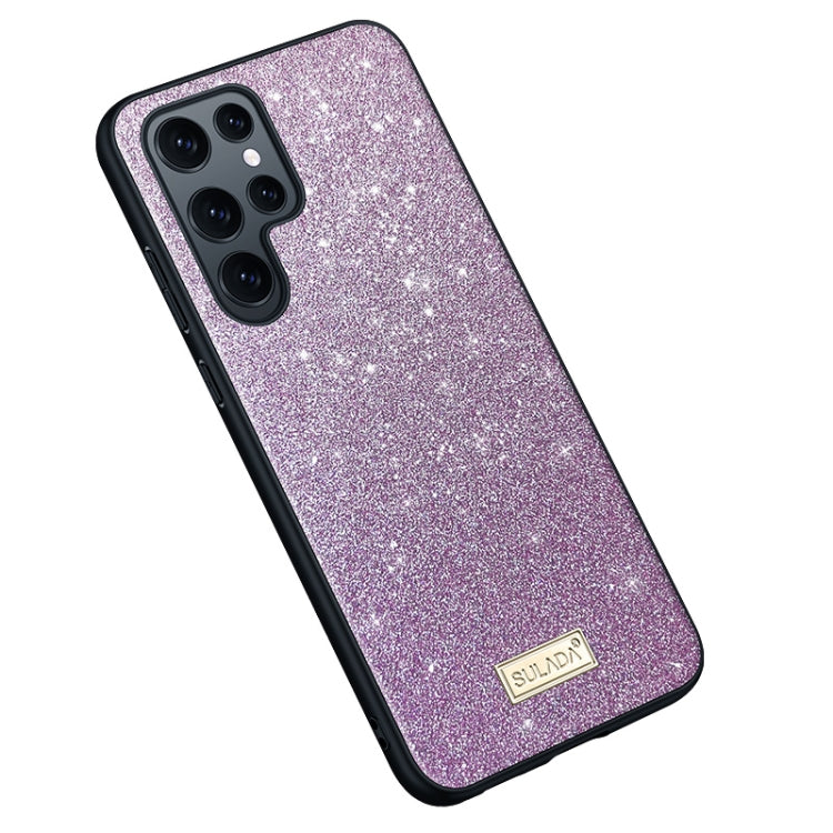SULADA Glittery TPU + Handmade Leather Phone Case for Samsung Galaxy S23 Ultra 5G (Purple)
