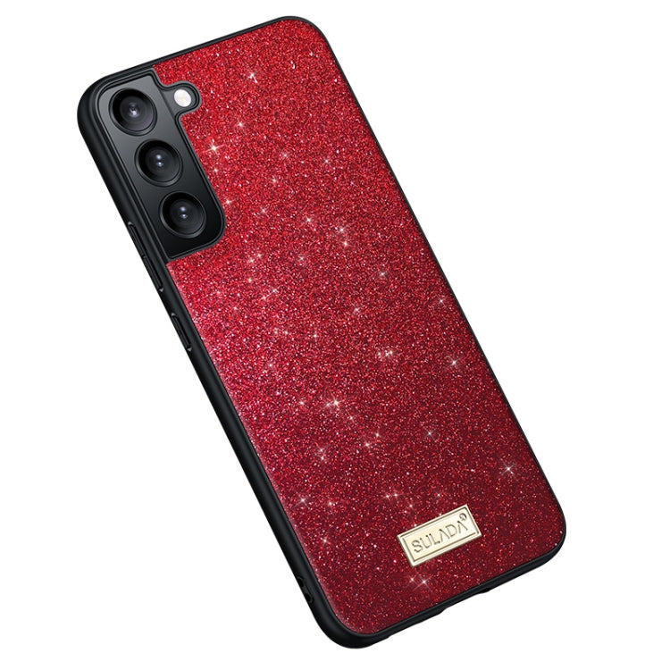 SULADA Glittery TPU + Handmade Leather Phone Case for Samsung Galaxy S23 5G (Red)