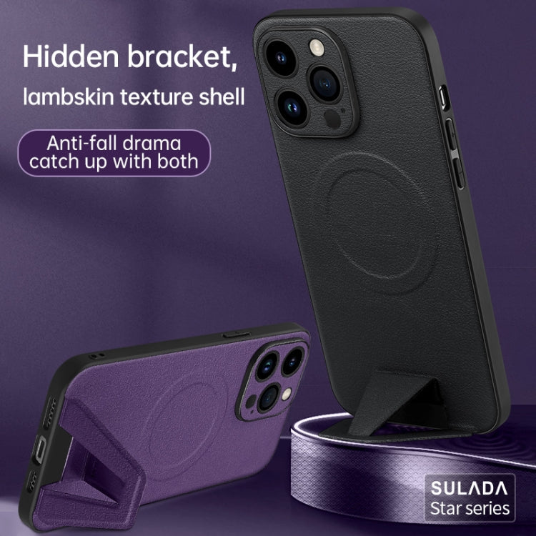 SULADA Folding Holder Lambskin Texture MagSafe Phone Case for iPhone 13 Pro Max (Blue)