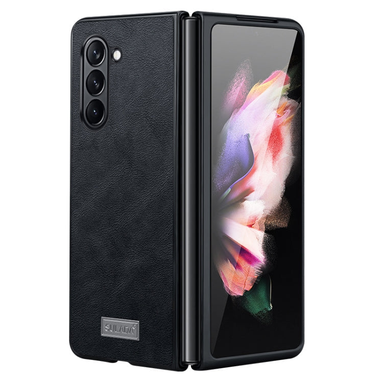 SULADA Shockproof TPU + Handmade Leather Phone Case for Samsung Galaxy Z Fold5 (Black)