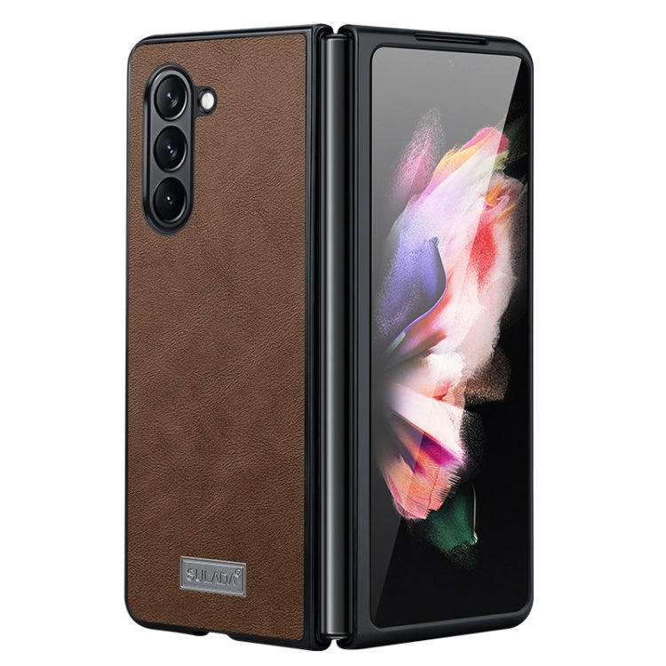 SULADA Shockproof TPU + Handmade Leather Phone Case for Samsung Galaxy Z Fold5 (Brown)