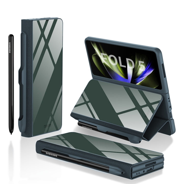 GKK Painted Tempered Glass Flip Leather Phone Case for Samsung Galaxy Z Fold5 with Pen Slot(Green)