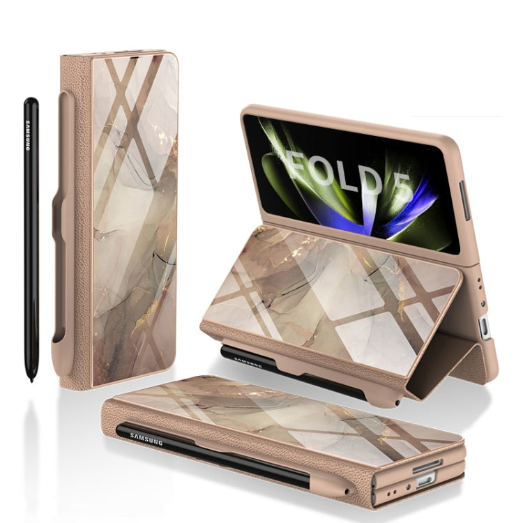 GKK Painted Tempered Glass Flip Leather Phone Case for Samsung Galaxy Z Fold5 with Pen Slot (Champagne)