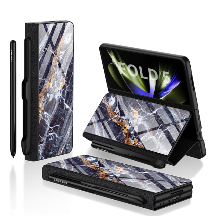 Marble 03 Painted Tempered Glass Flip Leather Phone Case for Samsung Galaxy Z Fold5 with Pen Slot
