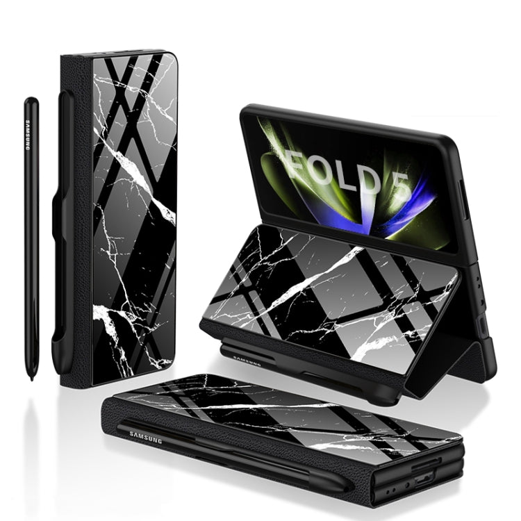GKK Painted Tempered Glass Flip Leather Phone Case with Pen Slot for Samsung Galaxy Z Fold5 (Marble 07)