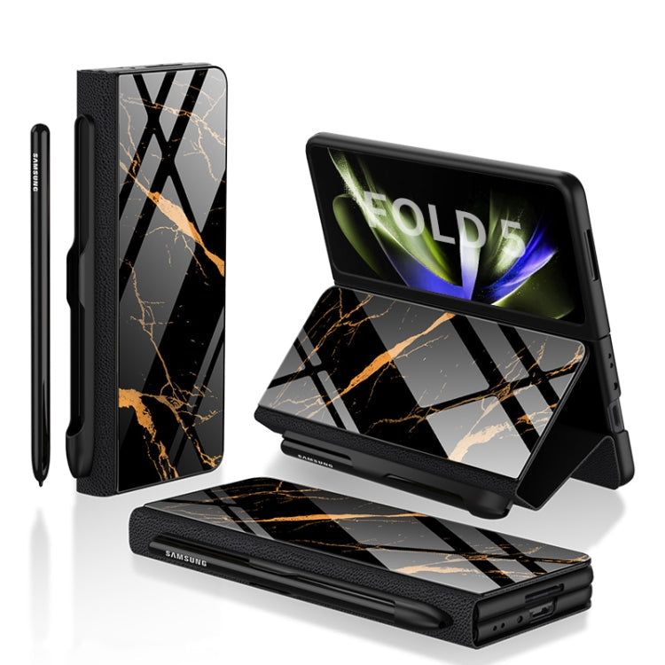 GKK Painted Tempered Glass Flip Leather Phone Case with Pen Slot for Samsung Galaxy Z Fold5 (Gold Line Black)