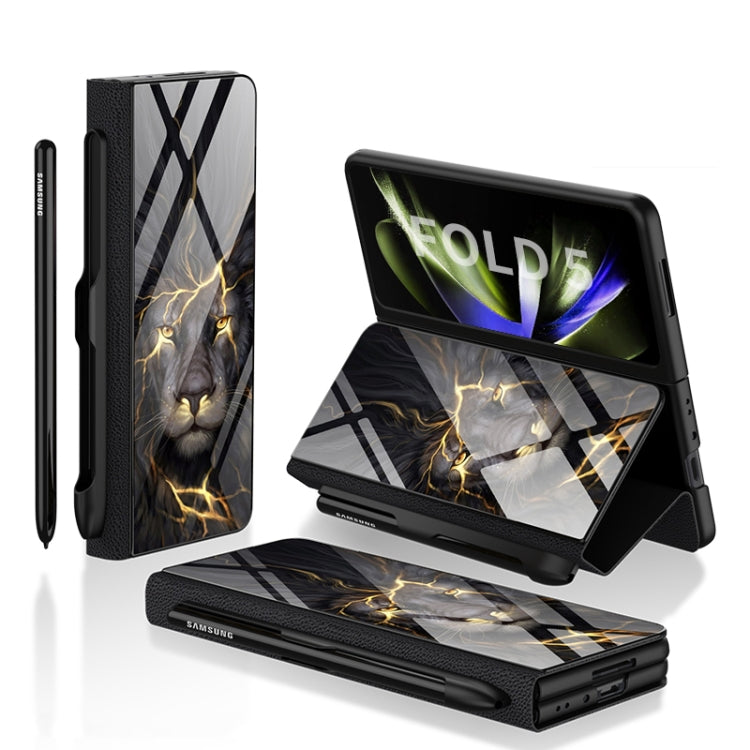 GKK Lion Painted Tempered Glass Flip Leather Phone Case for Samsung Galaxy Z Fold5 with Pen Slot