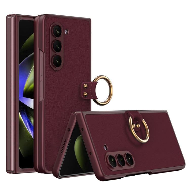 Samsung Galaxy Z Fold5 Wine Red Ultra-thin PC + PU Phone Case with Ring