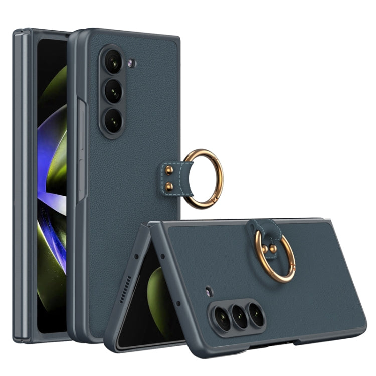GKK Ultra-thin PC + PU Phone Case for Samsung Galaxy Z Fold5 with Ring Holder (Dark Green)